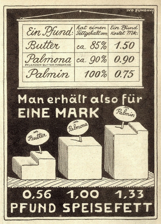 Schwarzes und weißes Werbeplakat mit einer Zeichnung einer Butterschachtel und Text und Zahlen, wahrscheinlich zur Bewerbung von Ladenprodukten.