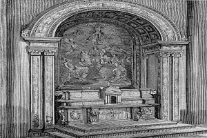 Eine Schwarz-Weiß-Radierung eines Kircheninneren mit Säulen, Stufen und einer Wandskulptur, die den Text 'Taufe Christi' unten zeigt.