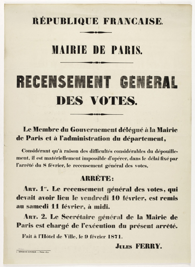 Plakat mit der Aufschrift "Recensement Général des Votes" im Zusammenhang mit einer allgemeinen Wahl in der Republik Frankreich