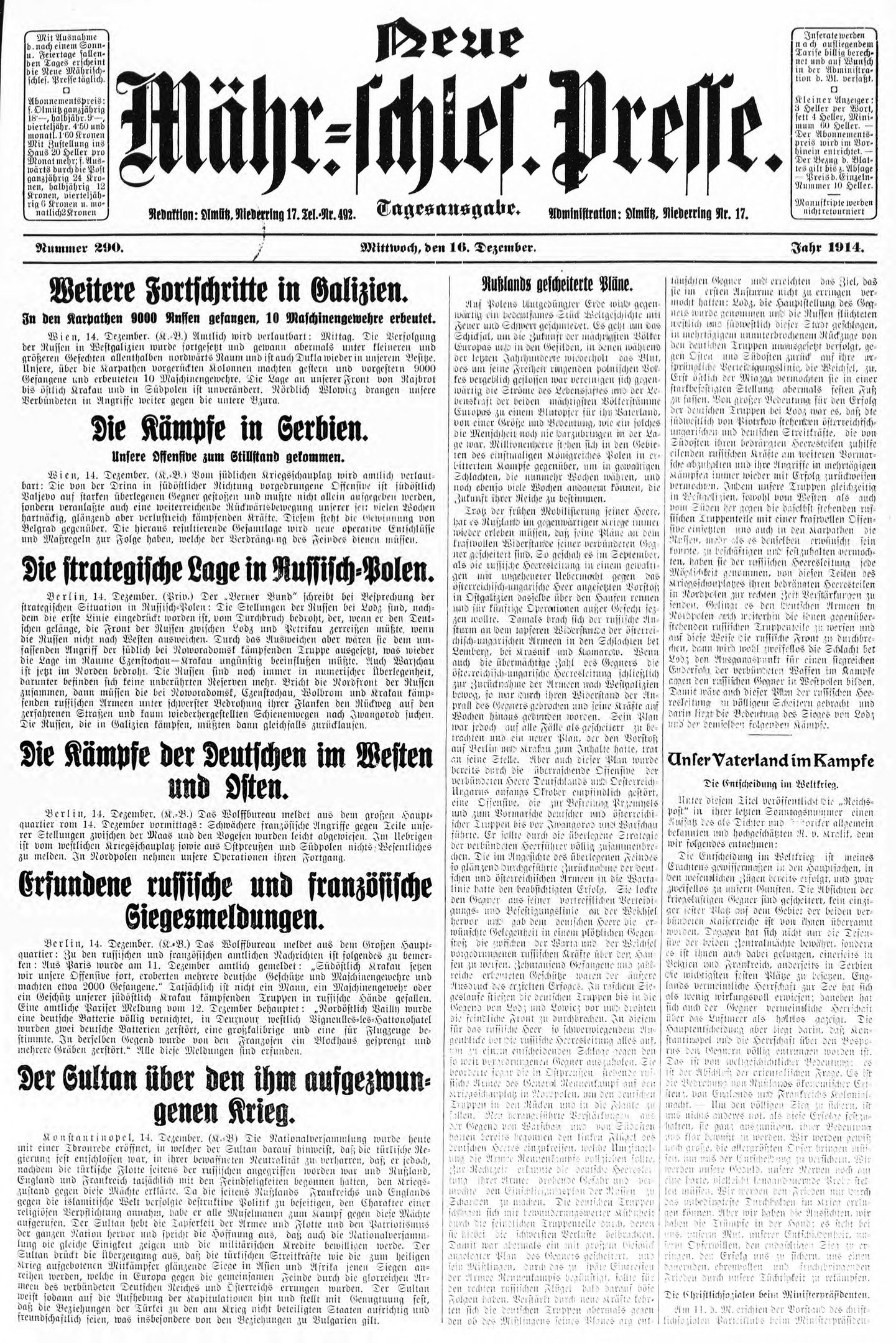 Titelseite einer deutschen Zeitung vom 18. September 1914 mit einem Schwarz-Weiß-Porträt eines Mannes im Anzug und Krawatte mit der Schlagzeile "Deutsches Reichstag, Vol 1, No 1".