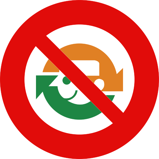 Ein rotes und weißes Schild mit einem nach rechts zeigenden Pfeil und der Inschrift "Keine Recycling" in fetter schwarzer Schrift.