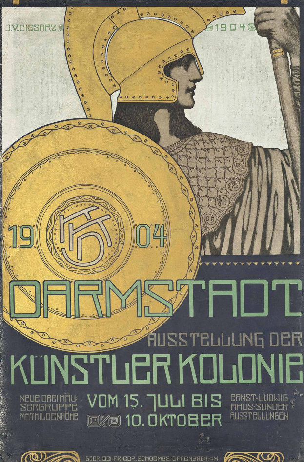 Plakat für ein 1904er Berlin-Konzert mit einem Helmträger, der ein Schild hält, sowie «Darmstadt» und «Künstler Kolonie» in fetter Schrift.