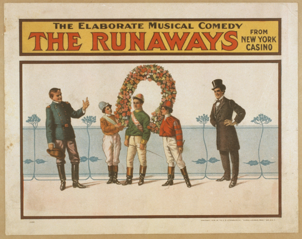 Plakat für "Elaborate Musical Comedy Runaways" aus dem New Yorker Casino, das eine Gruppe von Menschen in einer Reihe zeigt, wobei einer einen Blumenstrauß hält, und Text, der die Comedy beschreibt.