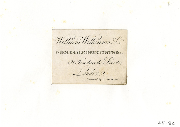 Alte Visitenkarte für "William Wilkinson & Co Großhandelsdrogerie & Co", die wholesale-Drug-Services anbietet.