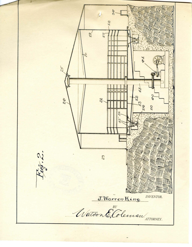 Ein detailliertes Gebäudeentwurf, möglicherweise ein Wasserpumpenpatent, mit verschiedenen Zahlen und Textanmerkungen auf einem Blatt Papier.