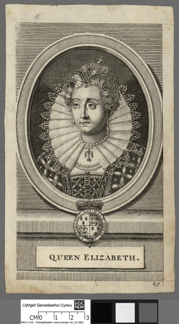 Porträt der Königin Elizabeth I. von England in königlicher Kleidung, einschließlich einer Krone und Tiara, mit ihrem Haar zu einem Knoten gebunden und einem würdevollen Gesichtsausdruck, vor grauem Hintergrund mit Text darunter.