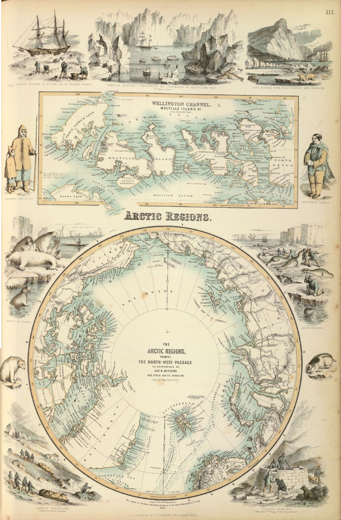 Altes Buch mit detaillierter Karte des arktischen Gebiets mit Illustrationen von Menschen, Tieren und Text.