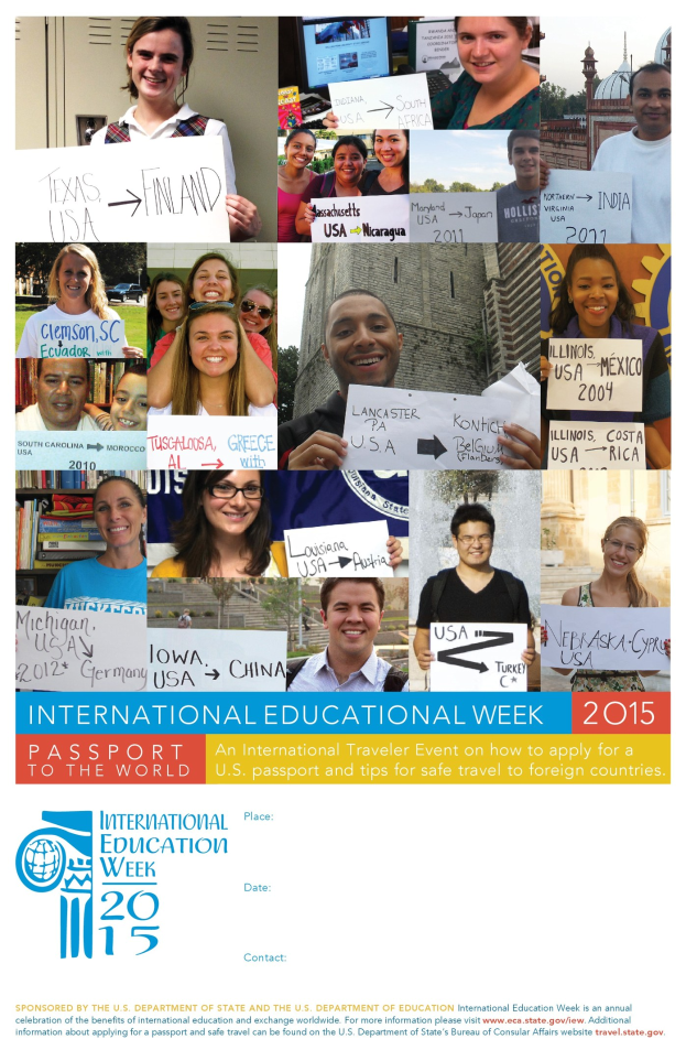 Internationaler Bildungswoche 2015-Plakat mit lächelnden Menschen, die Schilder mit Veranstaltungstext halten.