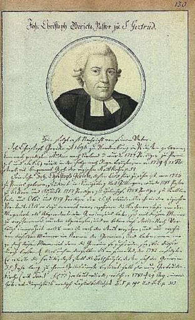 Schwarz-weißes Bild eines alten Dokuments aus dem Jahr 1789 mit einem Porträt von Johann Wolfgang von Goethe in einer schwarzen Robe, identifiziert als erster deutscher Bundeskanzler der Bundesrepublik Deutschland.