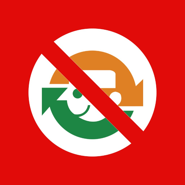 Ein rotes und weißes Schild mit fetter schwarzer Schrift, die "Kein Recycling" lautet, und ein Pfeil, der nach rechts zeigt.