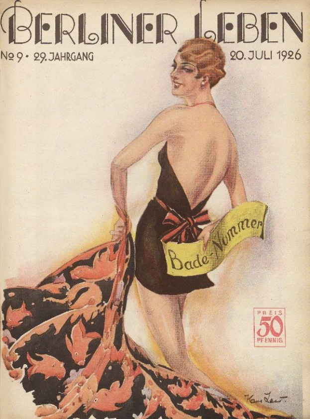 Titelbild der Berliner Leben Zeitschrift aus Juni 1926 mit einer Frau in einem Badeanzug, die ein Tuch hält, mit dem Zeitschriftennamen darüber.