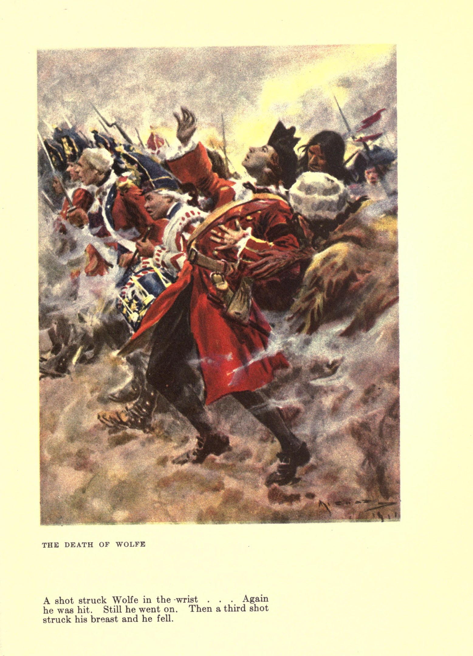 Ein Plakat mit der Aufschrift 'Der Tod von Wolfe', das besorgte Menschen in gedämpften Farben zeigt, einige schauen ängstlich nach oben und andere traurig nach unten.