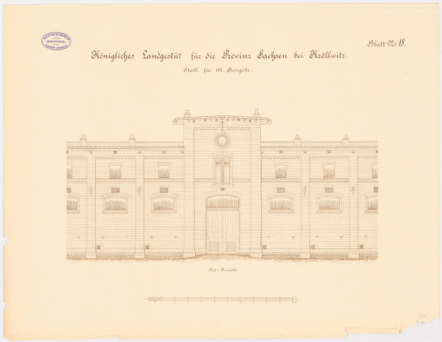Eine detaillierte Zeichnung des Hauptgebäudes des Stuttgarter Rathauses mit einer Uhr, skizziert auf Papier mit handgeschriebener Text.