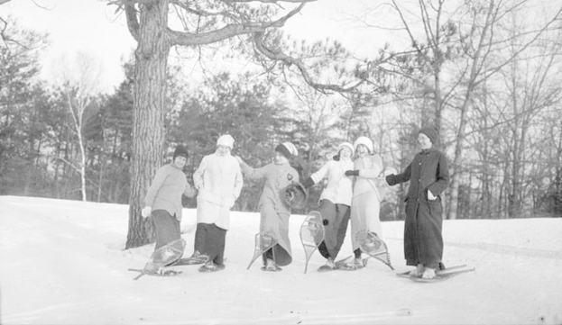 Sechs Frauen auf Snowboards im Schnee mit einem Hintergrund von Bäumen.