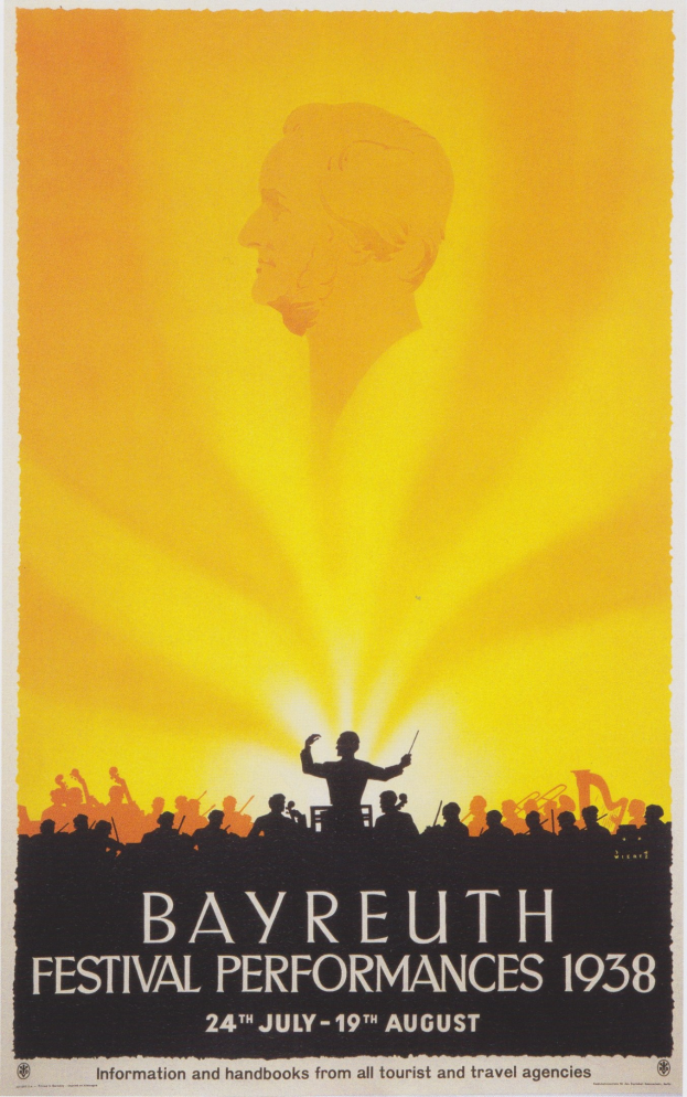 Plakat für die Bayreuth-Festival-Aufführungen 1938, das eine zentrale Figur umgeben von einer Gruppe zeigt, mit Text, der Festival-Details enthält.