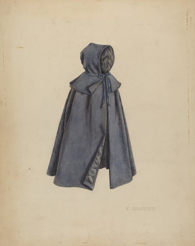 Ein blauer Kapuzenmantel, der auf Papier gezeichnet ist.