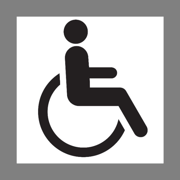 Schwarzes und weißes Barrierefreiheitssymbol mit einer Person im Rollstuhl, das Behinderung Zugang anzeigt.