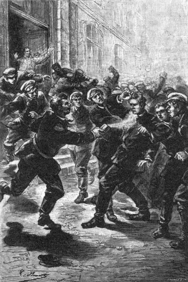 Schwarze und weiße Illustration einer gewalttätigen Straßenprügelei zwischen Gruppen von Männern in viktorianischem London mit einem Gebäude im Hintergrund und Text unten, der 'Victorian riots in London, England' lautet.