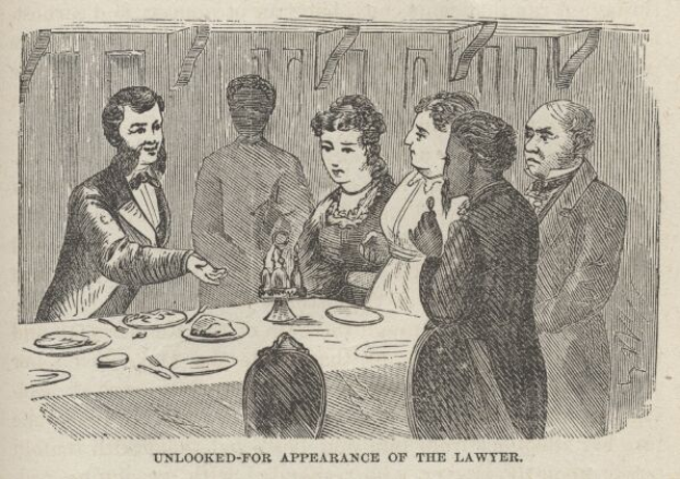 Eine Gruppe von Menschen steht um einen Tisch mit Tellern, Besteck und anderen Gegenständen, mit dem Text "unerwartetes Erscheinen des Anwalts" unten.