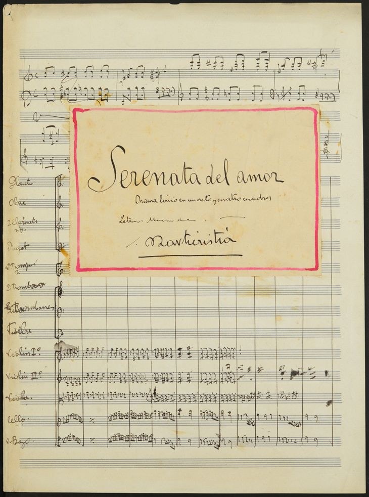 Ein gelbliches Musikblatt mit der Überschrift "Serenata del Amor" und handgeschriebenen Noten.