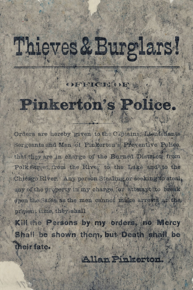 Ein Plakat mit fetter schwarzer Schrift, die "Thieves & Burglars Pinkerton's Police" lautet, auf einem weißen Hintergrund, umrandet von einem schmalen schwarzen Rand.