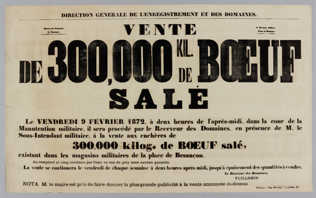 Alte Werbung für einen Rindfleischverkauf, auf der "Vente de 300,000 Kil Kil de Boeuf Sale" steht