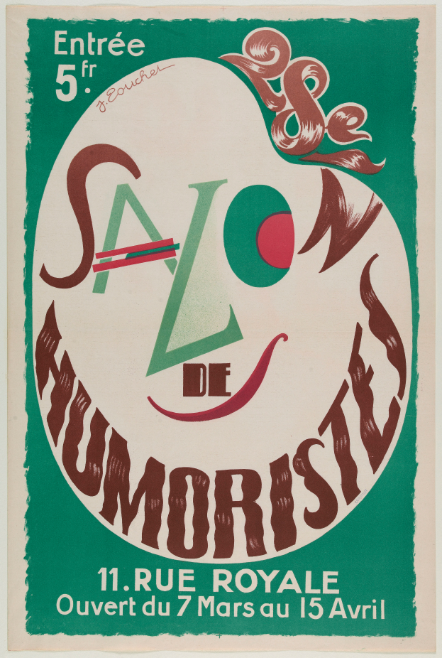 Ein Plakat, das eine Humor-Salon-Veranstaltung in Paris, Frankreich, ankündigt, mit Text, der die Angebote des Salons beschreibt.