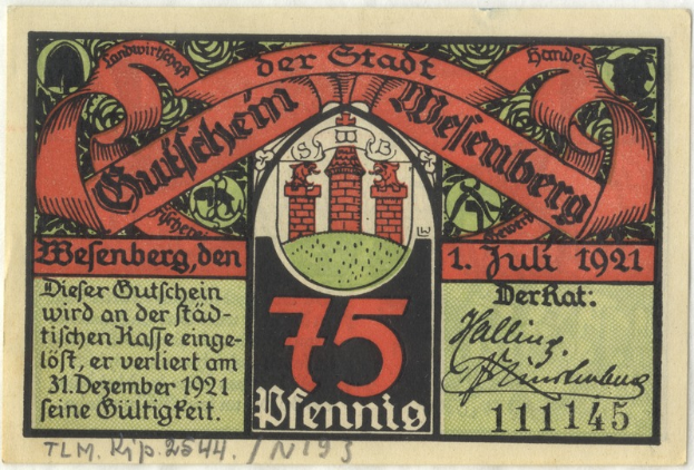 Ein altes deutsches Banknoten mit einem Gebäude darauf, mit dem Text "Bundesliga" und einem Logo unten, vor einem weißen Hintergrund.