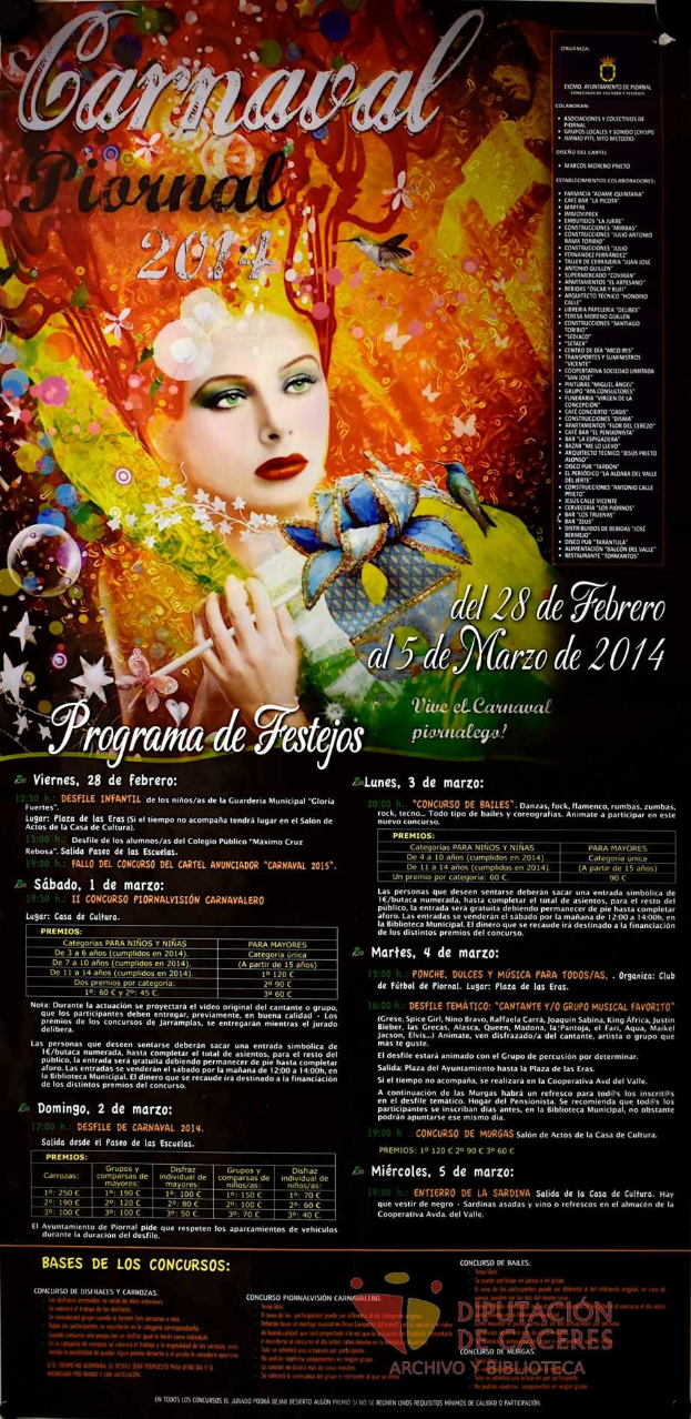 Eine Frau in einem farbenfrohen Kleid, die strahlend von schwarzem, fettem Text umgeben ist, der "Carnaval Festival 2014" auf einem leuchtend gelben Hintergrund liest.