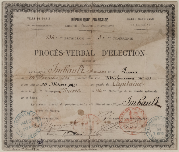 Altes Dokument mit zwei Stempeln, das einem Wahlzettel ähnelt.