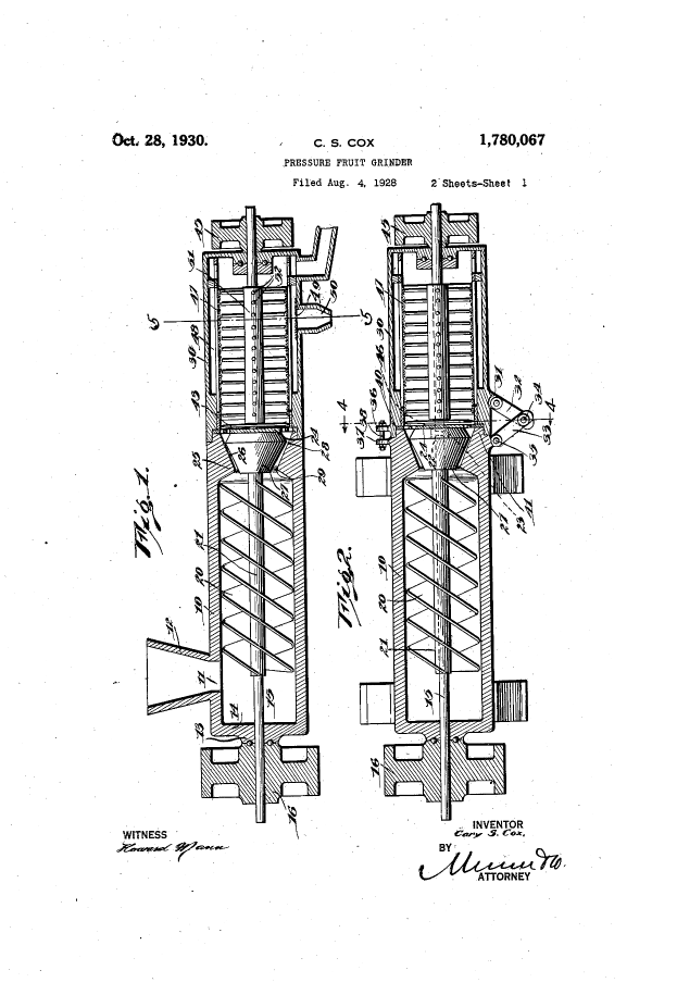 Eine Zeichnung einer Maschine mit dem Text "US Patent 1,780,077" und "Patent für eine hydraulische Pumpe" auf einem weißen Hintergrund.