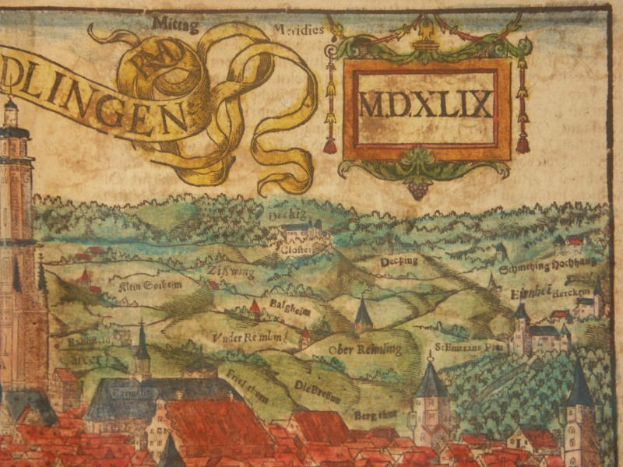 Alte detaillierte Karte von Dlingen, Deutschland, mit Gebäuden, Bäumen und Text auf altem Papier mit umliegenden Städten und Landschaft.