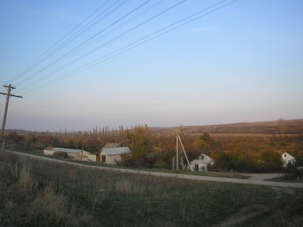Ein kleines Dorf mit einer Schotterstraße, umgeben von Grün und Häusern, mit Telefonmasten und Drähten im Vordergrund und einem klaren Himmel im Hintergrund.