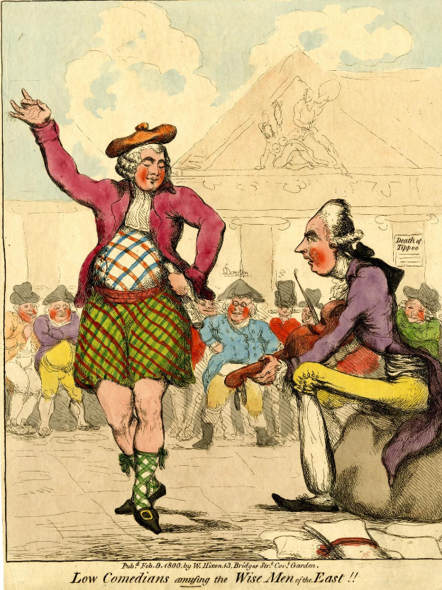 Cartoon of a man in a kilt and a woman in a dress performing for a crowd in front of a building under a cloudy sky, with the caption "Low Comedians Amusing the Wise Men of the East" at the bottom.