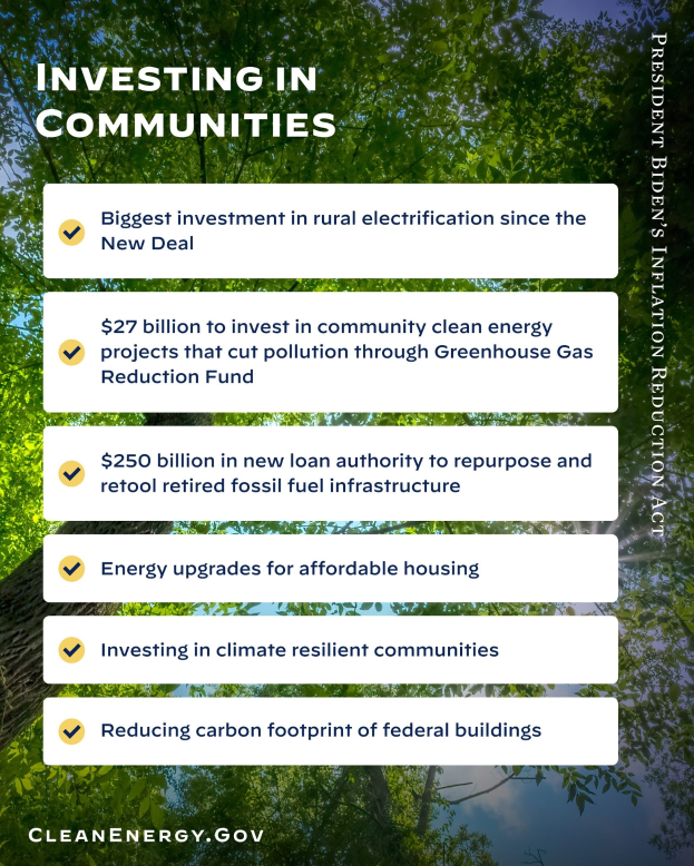 Plakat mit B├Ąumen und Himmel im Hintergrund, mit dem Text "Investing in Communities: Biggest Investment in Rural Electricity Since the New Deal".