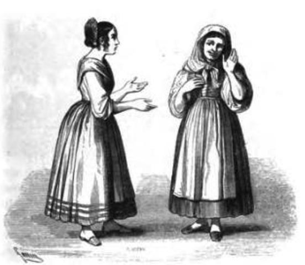 Schwarzes und wei├čes Foto von zwei Frauen in Küchleinstandkleidern, die nebeneinanderstehen und sich unterhalten, mit Text unten, der "Frauen des 19. Jahrhunderts" lautet.