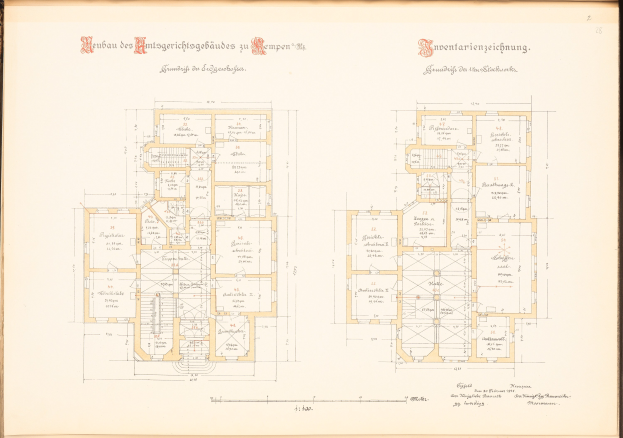 Altes Buch mit detailliertem Grundrissplan des ersten Stocks von Schlossenhausen in Dresden, Deutschland, mit begleitendem Text.