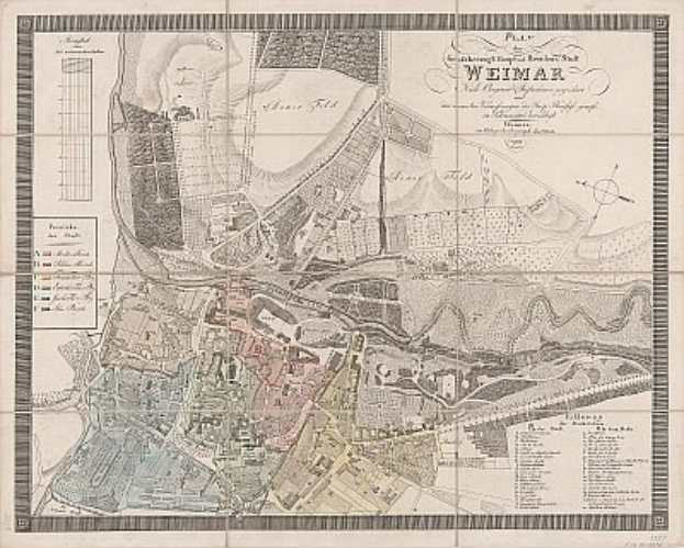 Detailiertes altes Stadtplan von Weimar, Deutschland, mit Stra{\ss}en, Geb"uden und Sehensw"urdigkeiten mit beschreibendem Text.