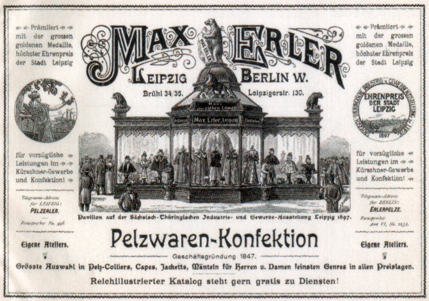 Eine Werbung aus der Vergangenheit für Max Erler Leipzig in Berlin, Deutschland, die eine Gruppe von Menschen vor einem Gebäude zeigt, mit Text, der ein Ereignis ankündigt.