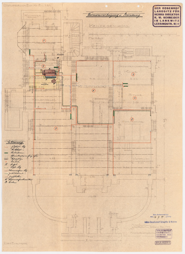 Ein detailliertes architektonisches Zeichnung des Rosenhof-Krankenhauses in Hamburg, Deutschland, mit zahlreichen Drähten und Texten, die den Aufbau beschreiben, einschließend Räume, Flure und andere Merkmale.