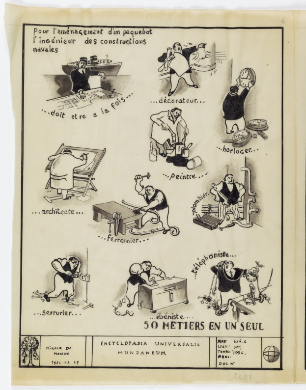 Eine alte Buchseite mit einem Mann im Anzug und Krawatte mit einem menschlichen Gesicht in der Mitte, umgeben von Comic-ähnlichen Bildern und Text.