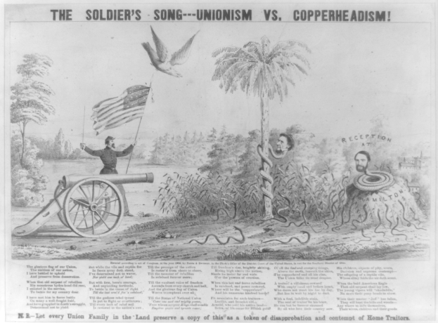 Plakat, das eine Person zeigt, die auf einer Kanone steht, eine Fahne hält, umgeben von Bäumen, Pflanzen und einer Schlange, mit der Aufschrift 'The Soldier's Song - Unionism vs Copperheadism.'