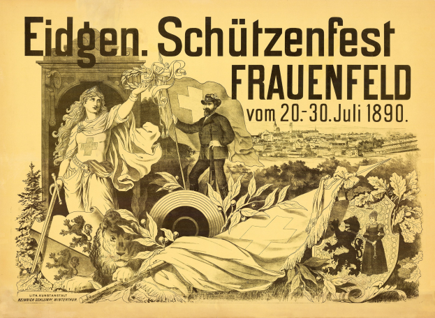 Altes Plakat für das Eidgenössische Schützenfest in Frauenfeld, Deutschland, das einen Mann in einem Anzug und eine Frau in einem Kleid zeigt, die nebeneinander stehen, mit Veranstaltungstext.