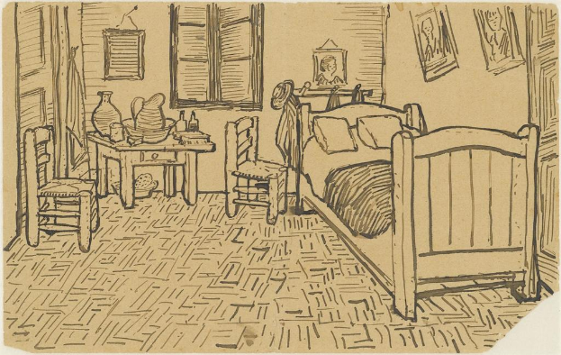 Ein Plakat, das ein Zimmer mit einem Bett, Kissen, Fotorahmen, Kleidung, einem Stuhl, einem Tisch mit verschiedenen Gegenständen, einem weiteren Stuhl, einem Fenster und Wänden zeigt.