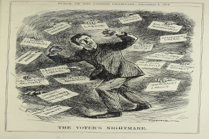 Ein Mann im Anzug und Krawatte hält ein Schild mit der Aufschrift "Der Albtraum des Wählers" und blickt entschlossen, strahlend und selbstbewusst.