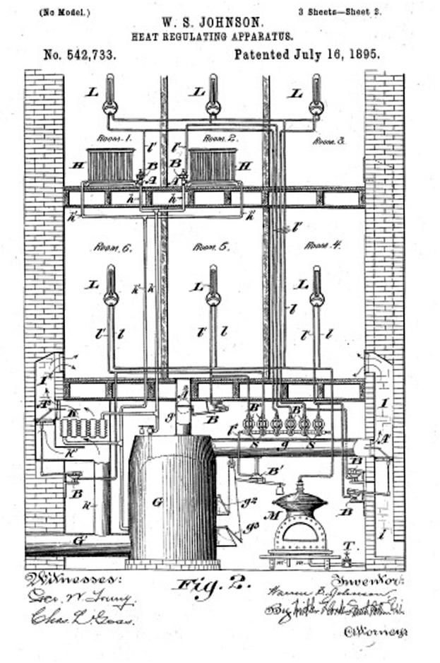 Ein detailliertes technisches Zeichnung aus dem Jahr 1885 einer Wärmeregulierungsvorrichtung mit zahlreichen Rohren und Ventilen, begleitet von erklärendem Text.
