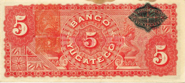 Eine rote und schwarze Fünf-Banco-Banknote der American Bank of New York mit einem Porträt eines Mannes und einer Aufschrift '5 Yucatec'.
