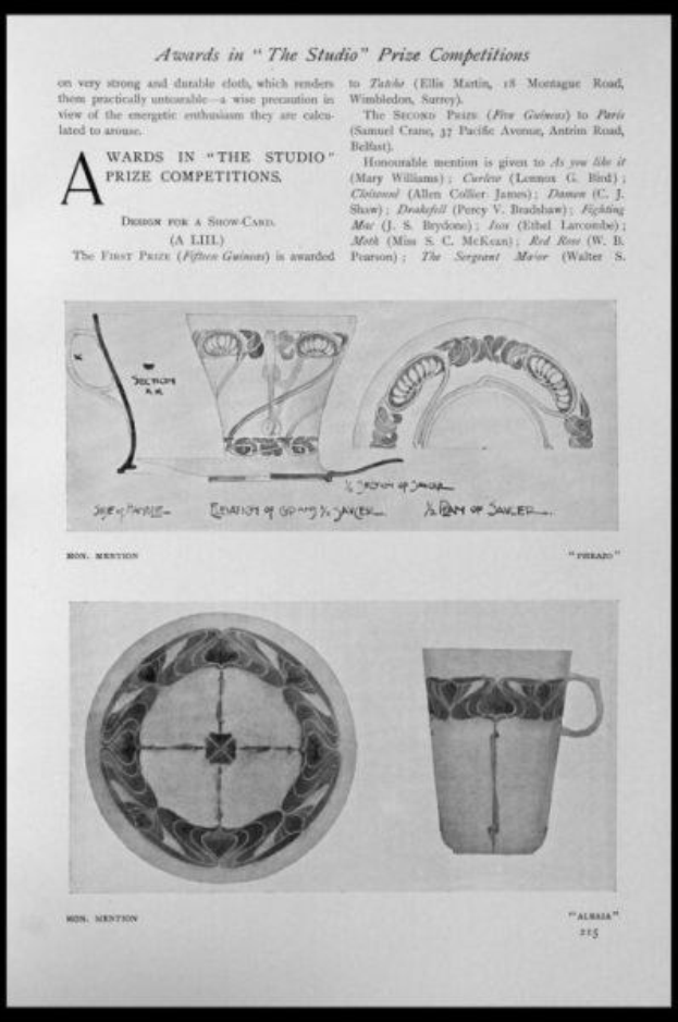 Schwarz-weiß-Zeichnung eines Bechers und einer Tasse mit einem Design, eingerahmt von einem schwarzen Rand, und Text, der "Awards in the Studio Prize Competitions" lautet.