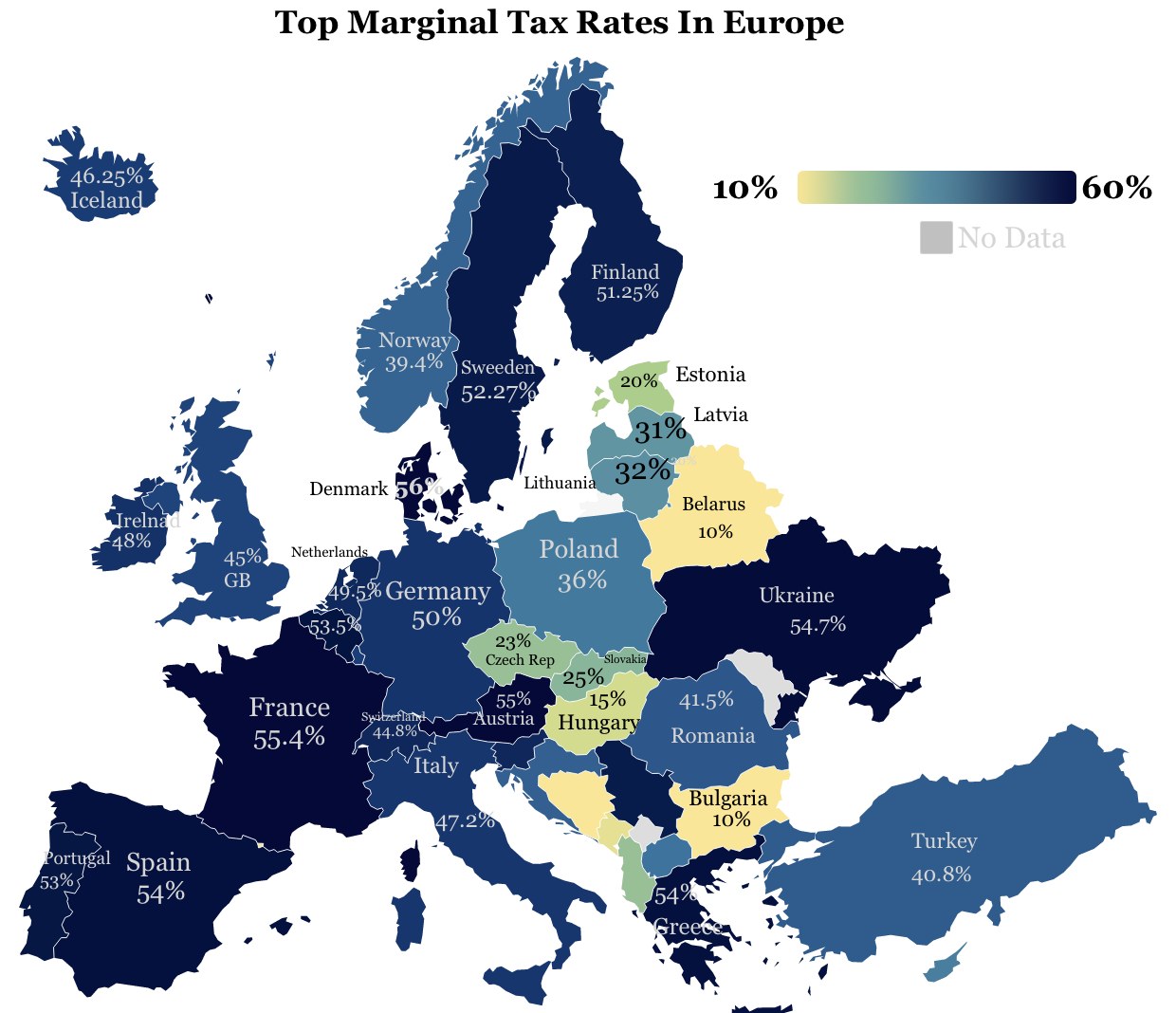 Eine Karte von Europa, die die höchsten Steuersätze pro Land zeigt, mit der Überschrift 'Höchste Steuersätze in Europa'.