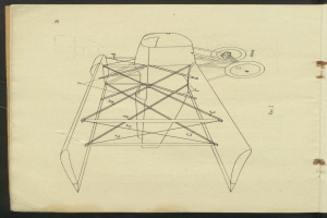 Ein Buchumschlag mit einem detaillierten technischen Zeichnung eines Flugzeugs, einschließlich beschrifteter Komponenten wie Flügel, Propeller und Motoren, mit begleitendem Text über seine Konstruktion.